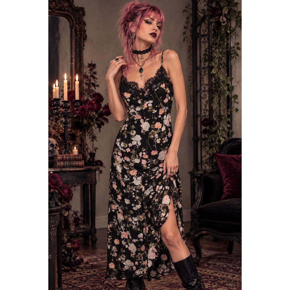 Premier Amour Size 10 Floral Lace Trim Maxi Dress Slit Lined Romantic Goth